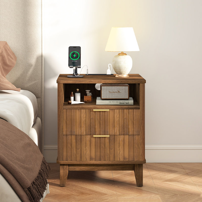 Night Stand With Charger Station, Fluted Nightstand With 2 Drawers And Storage Shelf, Mid Century Modern End Table For Bedroom Living Room,