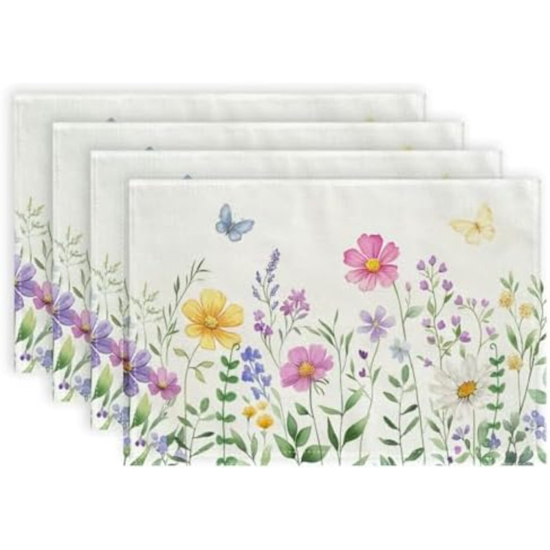 Daisy Butterfly Spring Summer Placemats 12x18 Inch Set of 4, Wildflower Table Mats Farmhouse Rustic Holiday Kitchen Dining Decorations for Indoor Outdoor Dinner Party Décor Pink