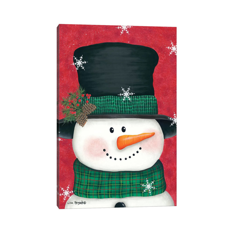 Pine Cones And Green Plaid Snowman by Lisa Kennedy - Wrapped Canvas Print, 30.48 cm H x 45.72 cm W