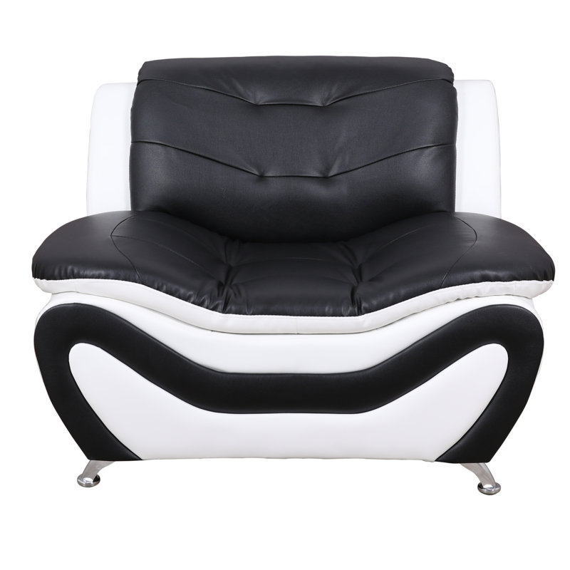 Fauteuil de chambre capitonné Maranda, Similicuir noir / blanc