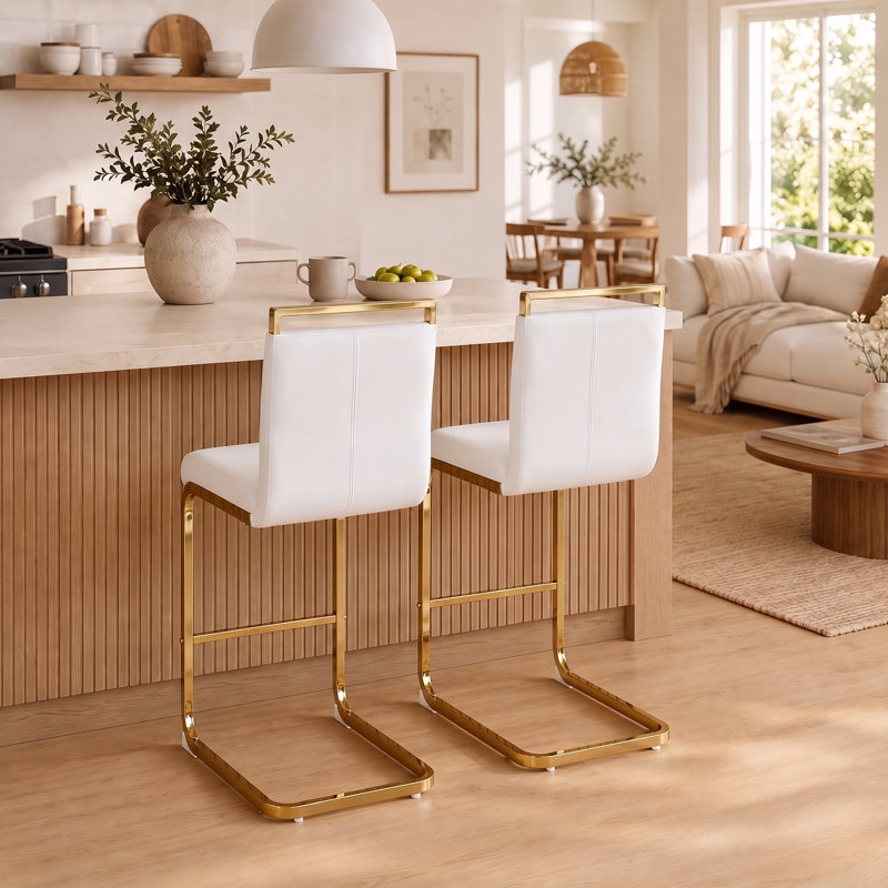 Tabouret de comptoir en similicuir 25 po avec structure en métal Chatrice, Blanc, Doré