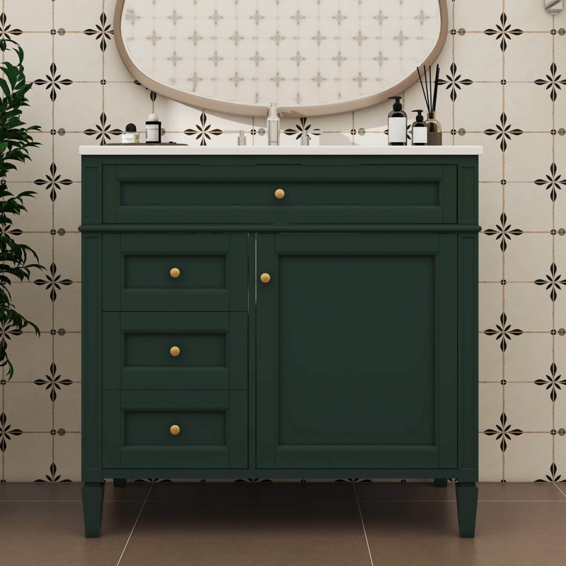 Meuble-lavabo de 36 pouces avec lavabo supérieur, armoire de rangement contemporaine, 2 tiroirs et tiroir basculant, Vert