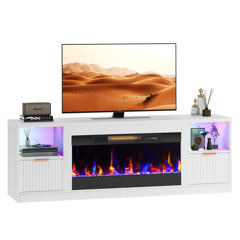 White Modern Fluted Fireplace TV Stand with Gold Handles