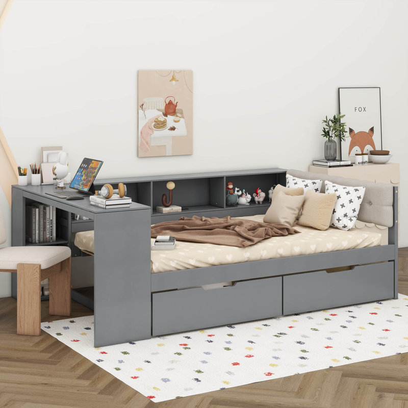 Lit plateforme avec tablettes de rangement, tiroirs, station de charge et tête de lit tapissier, Double, Gris