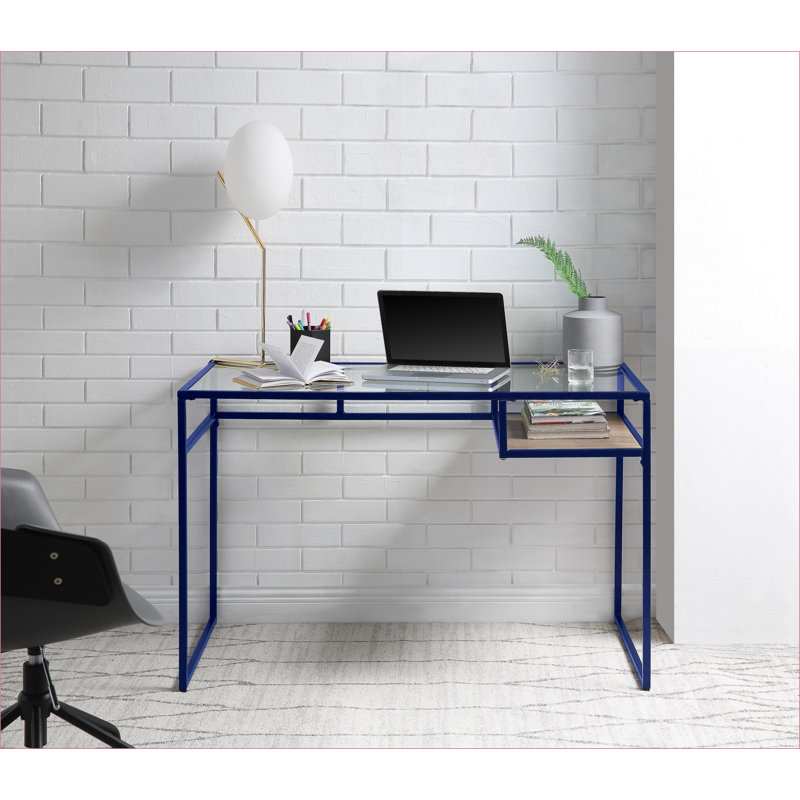 Bureaux, bureau moderne avec plateau en verre avec rangement | Finition bleue | Cadre en métal