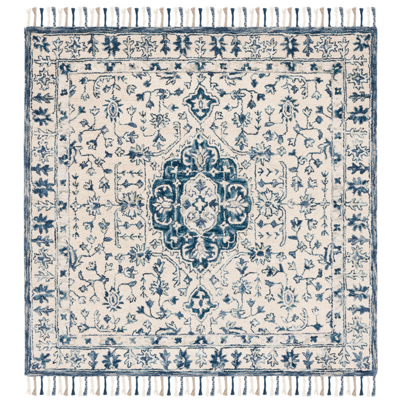 Tapis ivoire / bleu en laine / coton touffeté à la main Arkadijus, Carré 7 pi