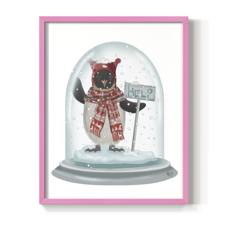 «Christmas Penguin Snow Globe», reproduction encadrée - bois massif, Rose, H 11 po x l 9 po