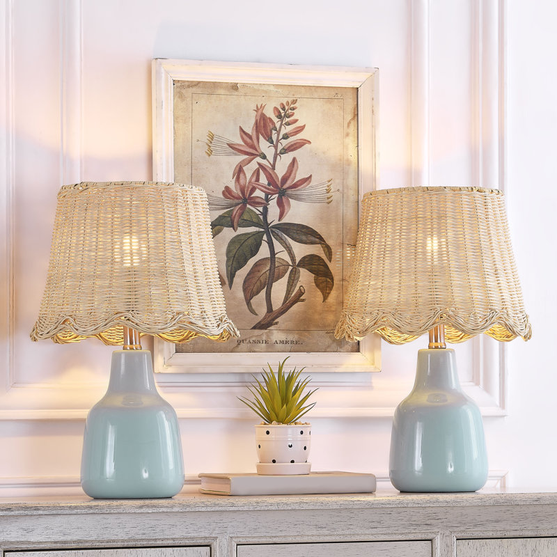 16.5" Coastal Country Blue Ceramic Table Lamp Handwoven Rattan Shade for Bedroom Living Room, Blue