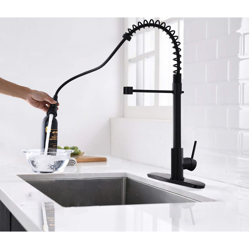 Robinet de cuisine à ressort à poignée simple avec accessoires, Sans distributeur de savon, Noir