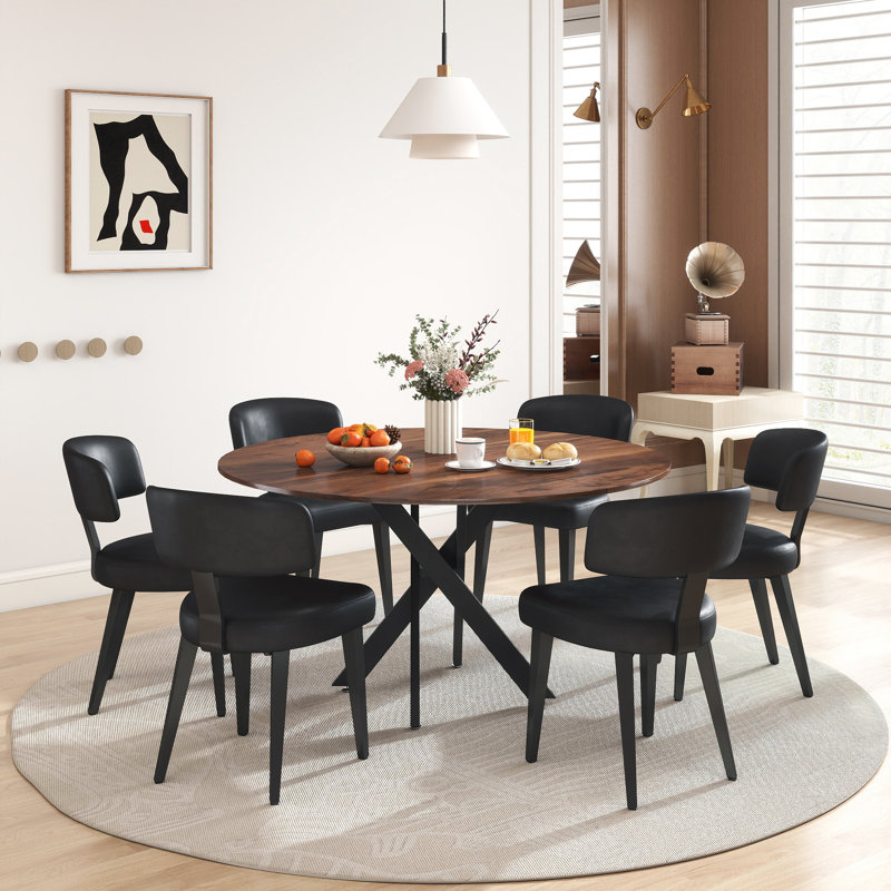 Round Dining Table Set, Modern Kitchen Table Set With Cross Legs, MDF Tabletop & PU Leather Upholstered Chairs, Sturdy Space-Saving Dining Set For Dining Room, Kitchen, Small Space