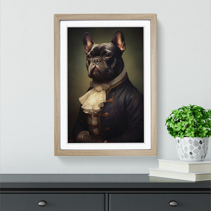 French Bulldog Romanticism - Framed Print, 64cm H x 46cm W x 2cm D, Oak