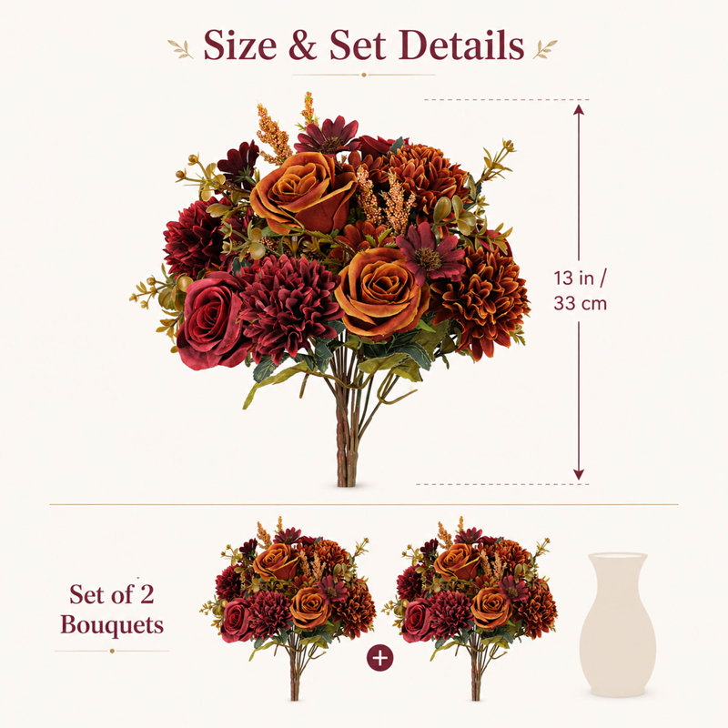 Bouquet d'automne en soie composé de 2 pièces : roses, hortensias et tournesols