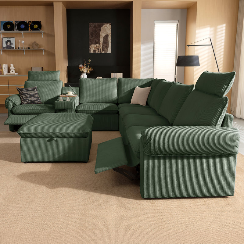 Canapé d'angle modulaire moderne en forme de L, 7 places, avec fauteuil inclinable électrique, console et pouf de rangement, revêtement en velours côtelé vert.