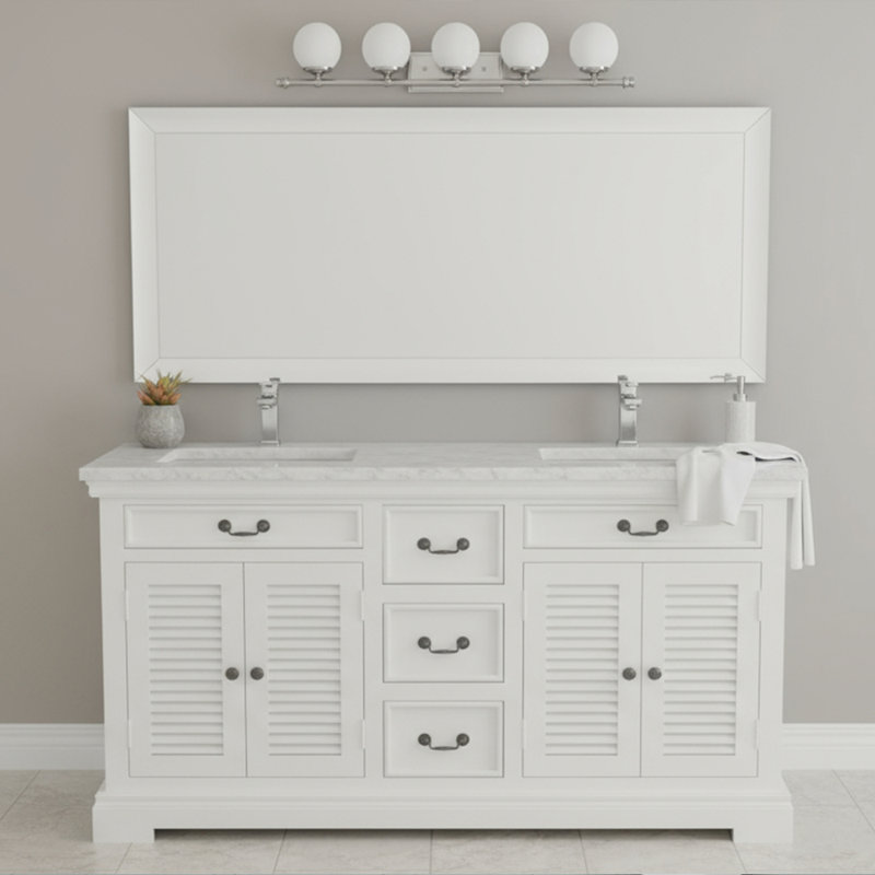 Meuble-lavabo double 60 po à quatre portes avec finition blanc et plateau en marbre blanc, 60"