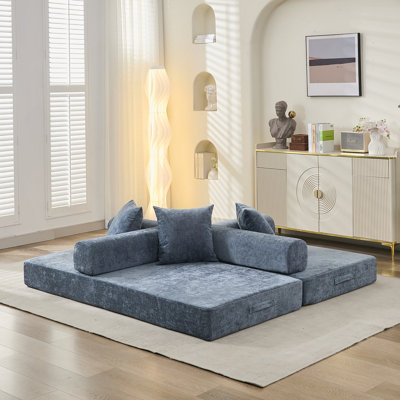 Comfy Convertible Folding Mattress Couch, Floor Sofa Bed With Armrest, Chenille Fabric For Living Room And Bedroom - Blue