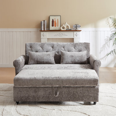 Canapé-lit moderne capitonné gris avec port de charge USB et poches de rangement latérales, canapé convertible pour le salon ou la chambre d'amis, tissu chenille gris