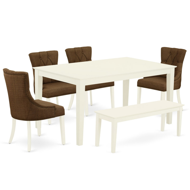 6 Piece Dining Set Contains a Rectangle Dining Room Table and 4 Brown Linen Fabric Parson Chairs with a Bench, Linen White