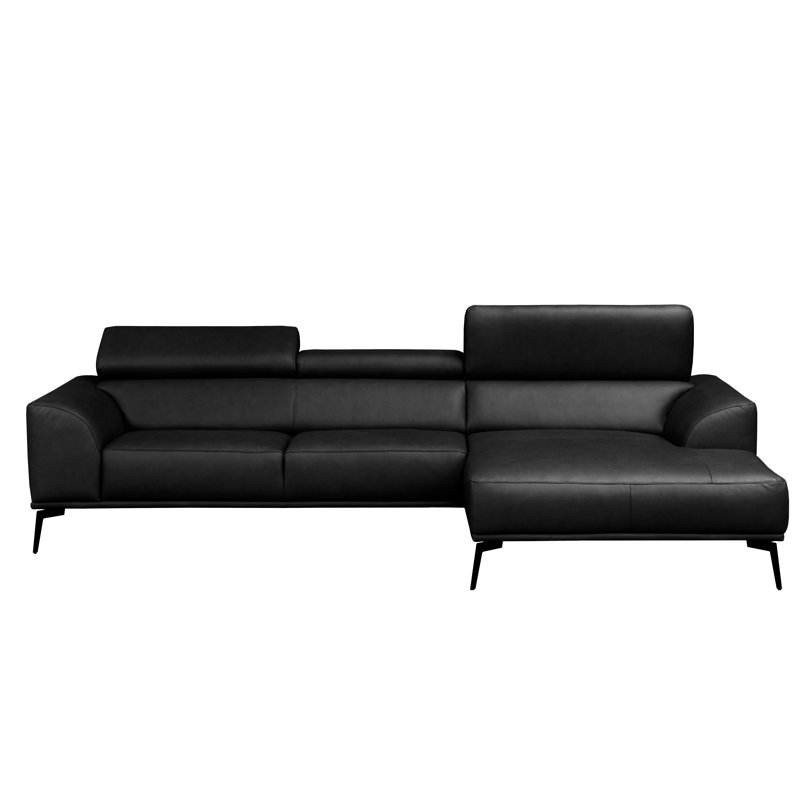 Blagovesta Genuine Semi-Aniline Leather Corner Sofa with Upholstered Frame, Right Hand Facing, Black