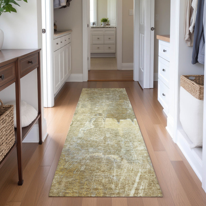 Premium Machine Washable Mayfield AMF2226 Abstract Rug, 2'3" x 7'6" Runner, Khaki