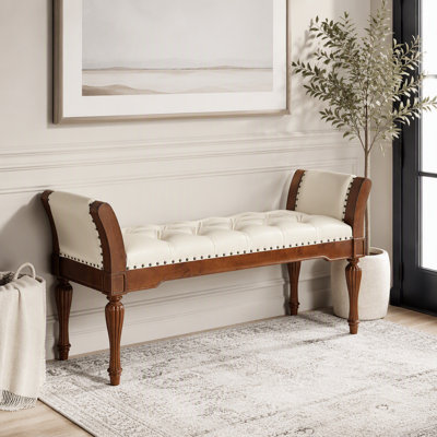 Banc de repose-pieds 54 po en similicuir capitonné à boutons, banc de bout rembourré rétro avec coussin moelleux, structure en bois massif
