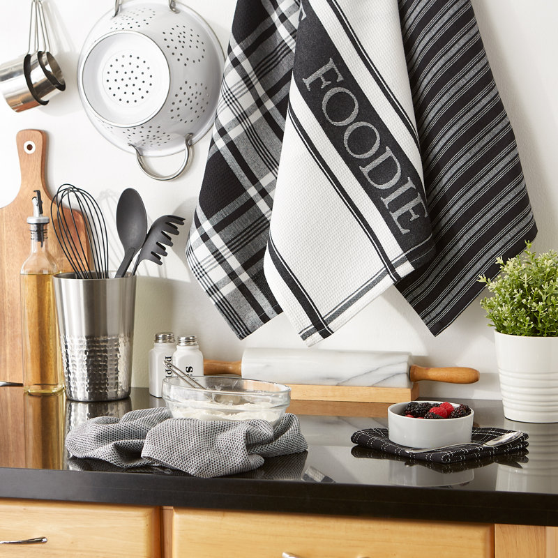 Cotton Stripe Jacquard Kitchen Towel Linen Set, Black