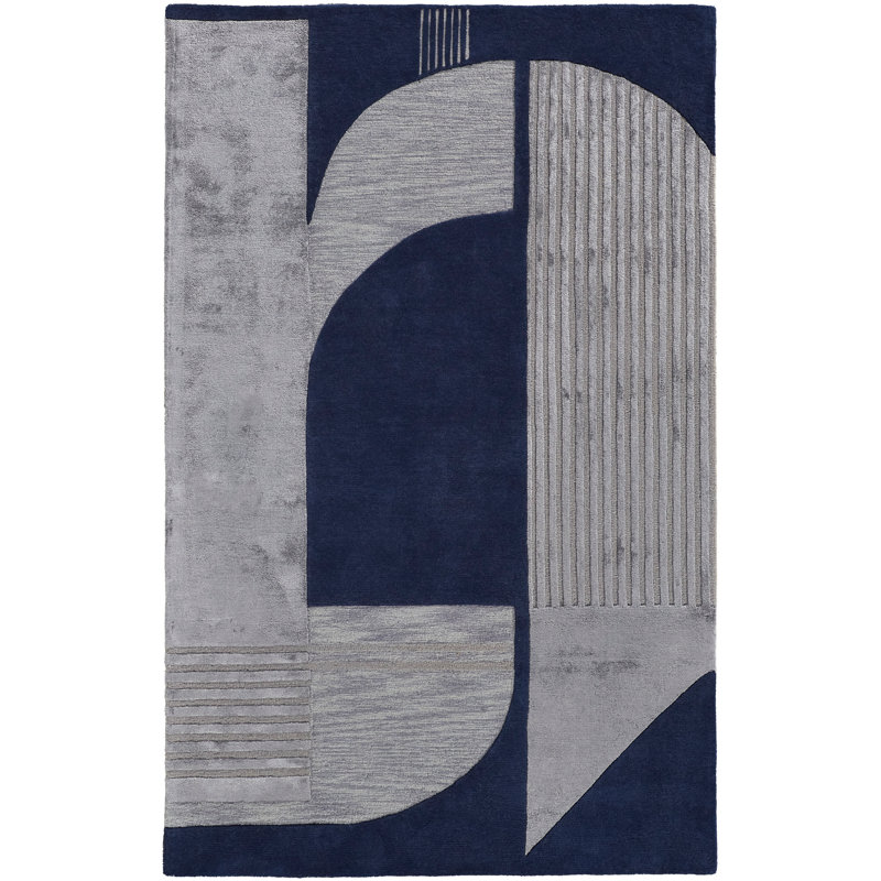 Hithin Handmade Tufted Navy Blue/Silver Gray Area Rug, Rectangle 3'6" x 5'6"