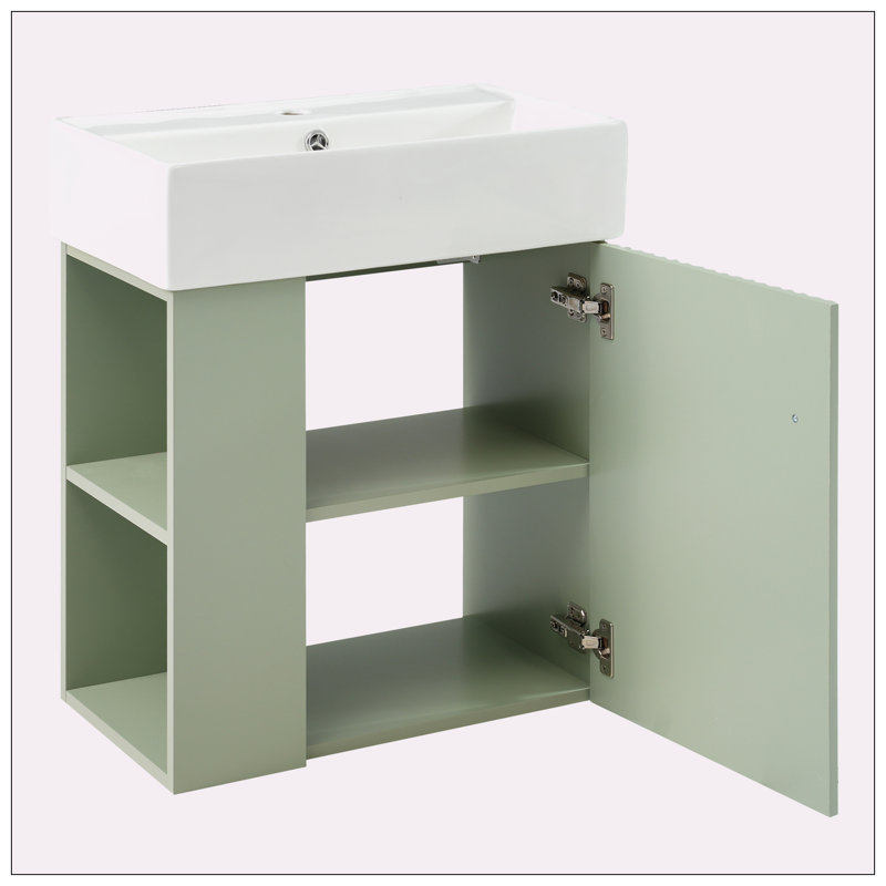 21.6" Floating Bathroom Vanity with Ceramic Basin, Left side storage, Green