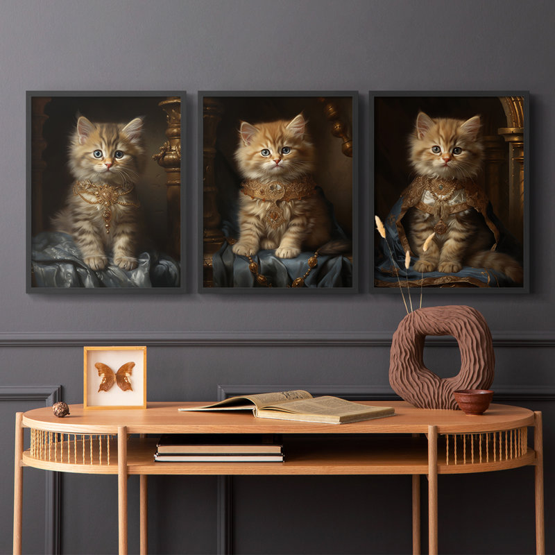 Série royale d'animaux LXVII - ensemble de 3 estampes numériques encadrées - prêt à être accroché, Cadre noir