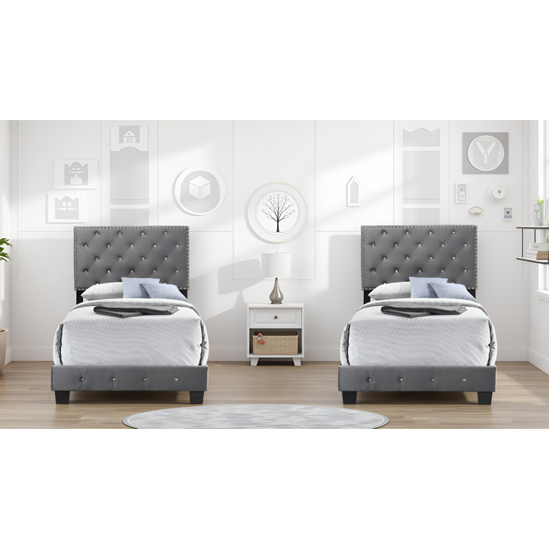 Ensemble de 2 lits en velours Modena, Gris, Lit simple
