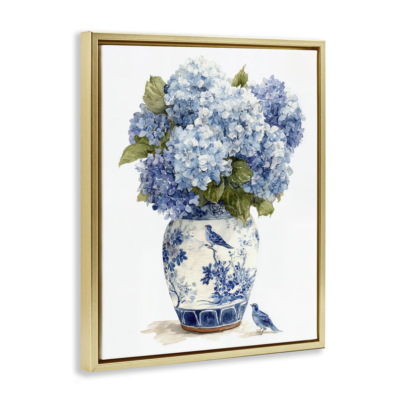 Cadre flottant Blue Bird & Hydrangea Vase, design par Imagine It Images, Cadre flottant métallique doré, H 21 po x l 17 po