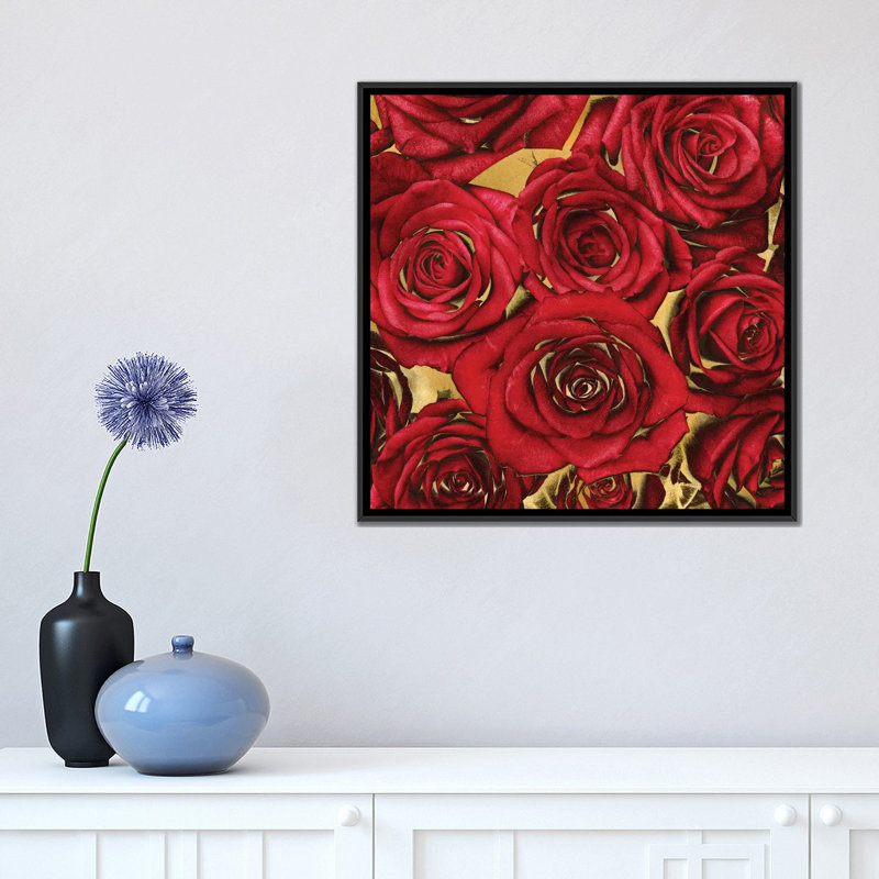 « roses-rouge on gold », impression sur toile, H 18 po x l 18 po x P 1,5 po, Toile avec cadre noir, Pas de tapis