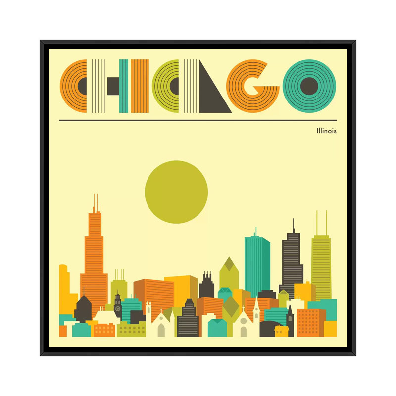«Chicago Skyline», reproduction d'impression sur toile, H 18 po x l 18 po x P 1,5 po, Toile avec cadre noir, Pas de tapis