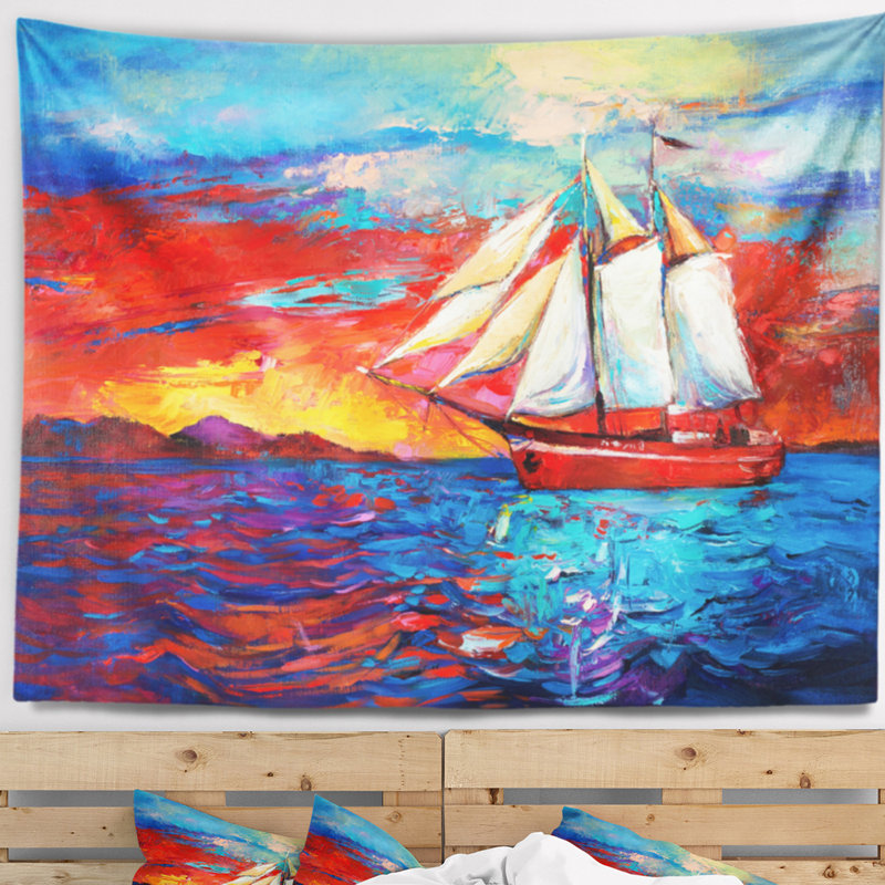 Tapisserie «Seascape Sail Ship Pendant Sunset», H 32 po x l 39 po