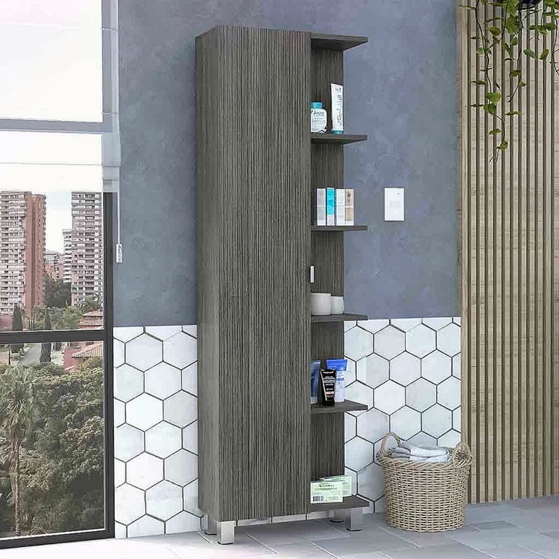 Armoire en lin à porte simple H 62 po, cinq tablettes extérieures, quatre tablettes intérieures, Gris