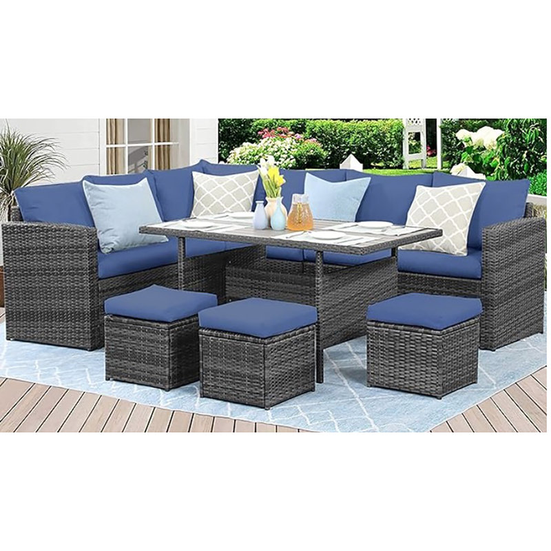 Ensemble de meubles de patio 7 pièces, mobilier d'extérieur avec 7 sièges et table basse en verre