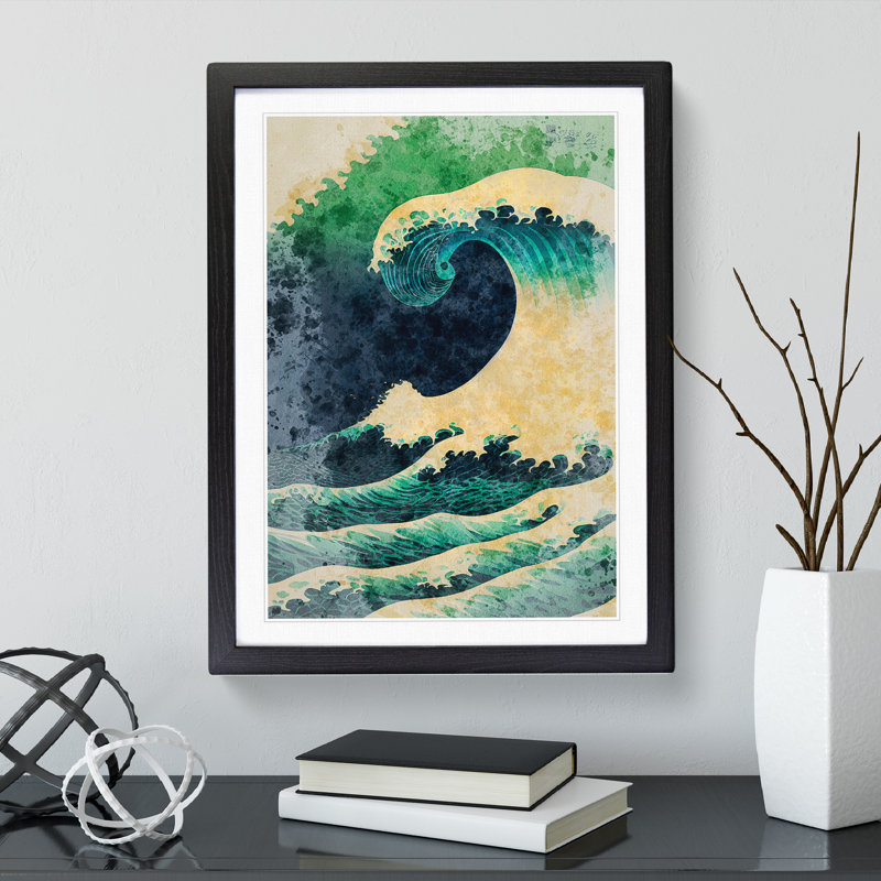 Watercolour Japanese Wave No.5 - Wall Art, Black Framed, White, 64cm H x 46cm W