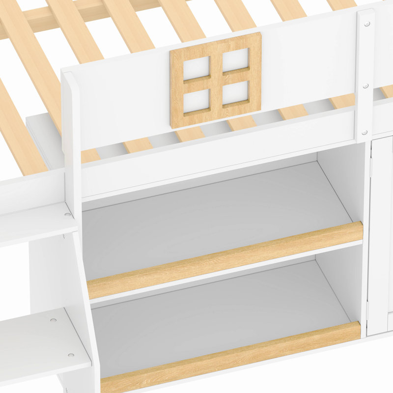 Lit mezzanine bas avec escalier, tablettes, armoires et lumières DEL, Lit double