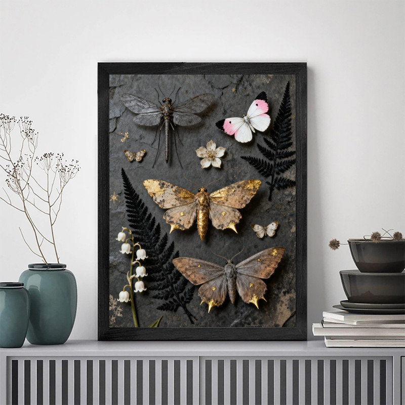 Art mural papillon noir et floral noir, impression de cadre fantaisiste foncé rétro, H 25 po x l 17 po