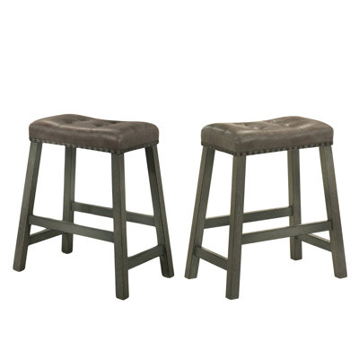Set Of 2 Rustic Counter Stools, 25-Inch Backless Wooden Farmhouse Barstools With Faux Leather Seat, Distressed Finish, Space-Saving Design