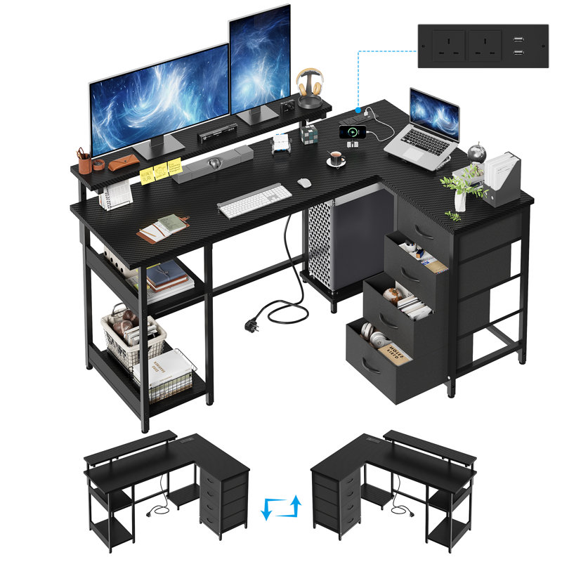 L-Shaped Metal Base Computer Desk, Black, 88cm. H x 155cm. W x 100cm. D