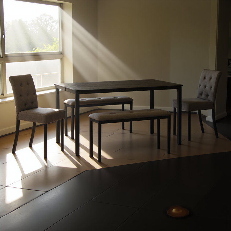 Ensemble de salle à manger 5 pièces, comprenant 1 table de salle à manger, 2 chaises rembourrées et 2 bancs; Un ensemble de salle à manger de style rustique peu encombrant adapté aux salles à manger et aux cuisines, gris et noir.