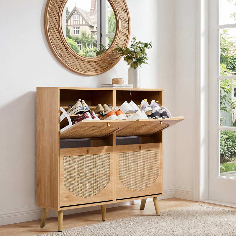 9.45 Inches Depth 2-Row 4-Drawer Arched Rattan Flip Shoe Cabinet, Natural