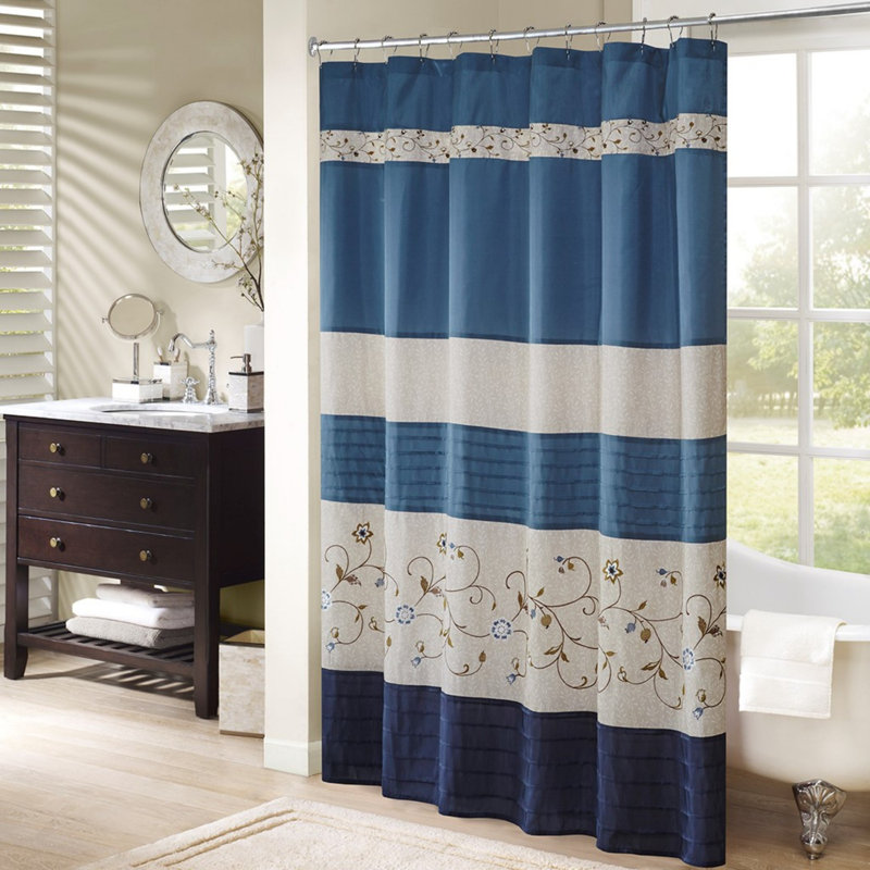 Winston Porter Rogelio Floral Embroidered Faux Silk Shower Curtain, Navy