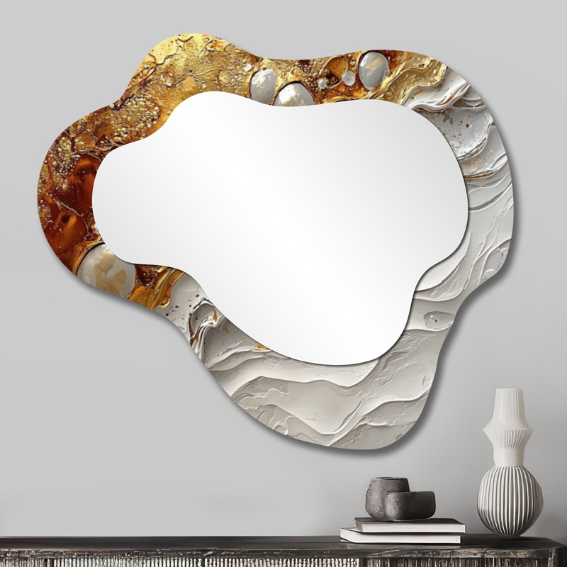 Golden River Of Calacatta, marbre abstrait I - marbre, miroir asymétrique irrégulier, miroir mural moderne, imprimé sur métal