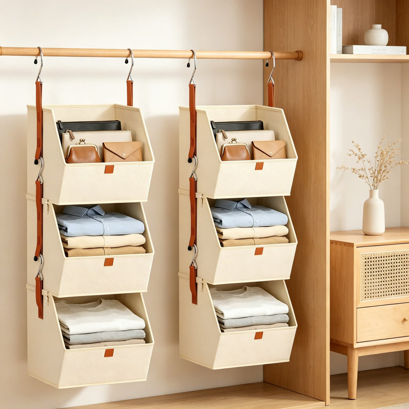 Collapsible Hanging Closet Organizer, 3-Tier Fabric Storage Shelves with Heavy-Duty Hooks, Foldable Hanging Storage Bins for Clothes, Laundry, Bedroom, RV, Beige