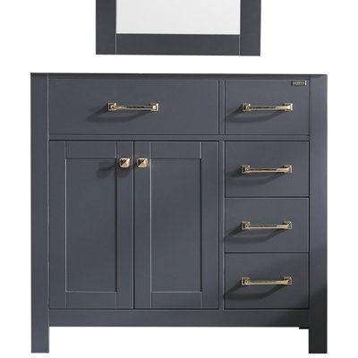 Meuble-lavabo 36 po avec miroir, armoire de rangement en bois massif avec tiroirs et portes, quincaillerie dorée, sans lavabo / robinet