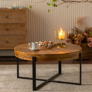Abbiss Floor Shelf Coffee Table Round Wood Coffee Table With Cross Metal Base