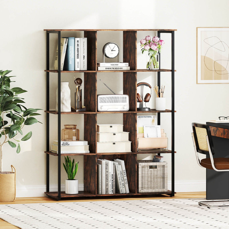 12-cube Bookcase 57" Tall Freestanding Bookshelf Industrial Shelf Display Rack