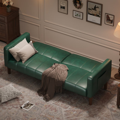 Canapé-lit futon convertible de 75 pouces, moderne, en cuir PU, avec dossier réglable, poches latérales, gain de place pour salon, chambre ou appartement, vert