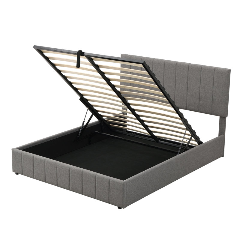 Grand lit plateforme tapissier avec système de rangement hydraulique - gris